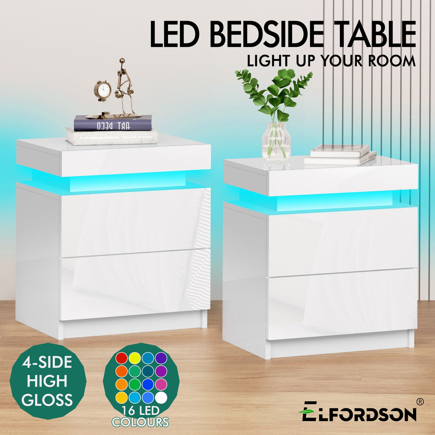 ELFORDSON Bedside Table 2 Drawer LED Storage Cabinet Chest High Gloss Nightstand