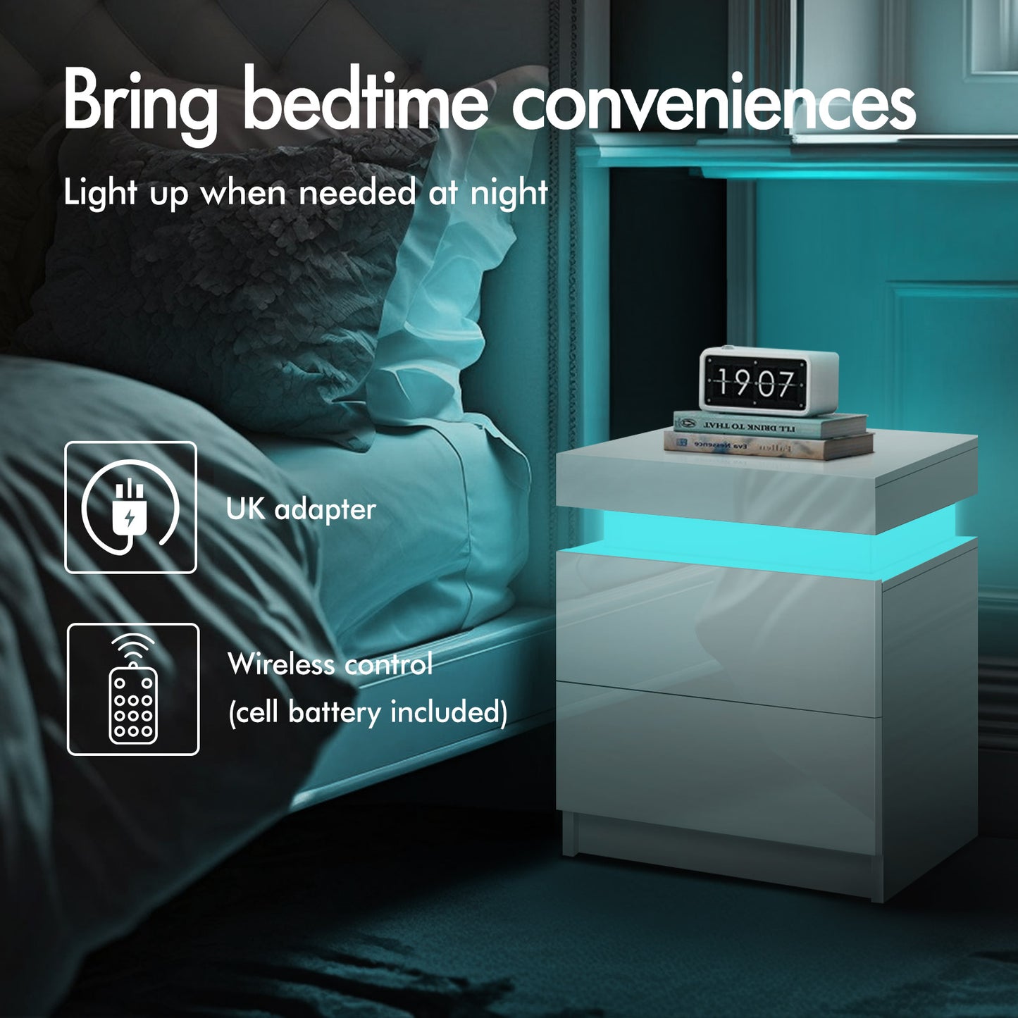 ELFORDSON Bedside Table 2 Drawer LED Storage Cabinet Chest High Gloss Nightstand