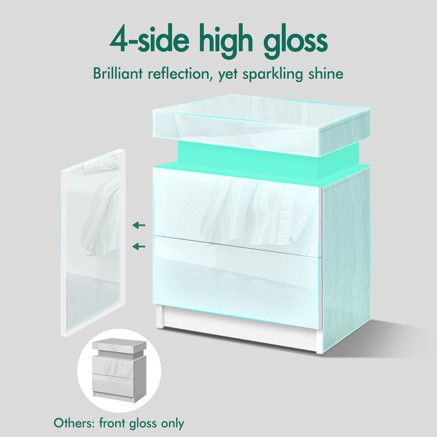 ELFORDSON Bedside Table 2 Drawer LED Storage Cabinet Chest High Gloss Nightstand
