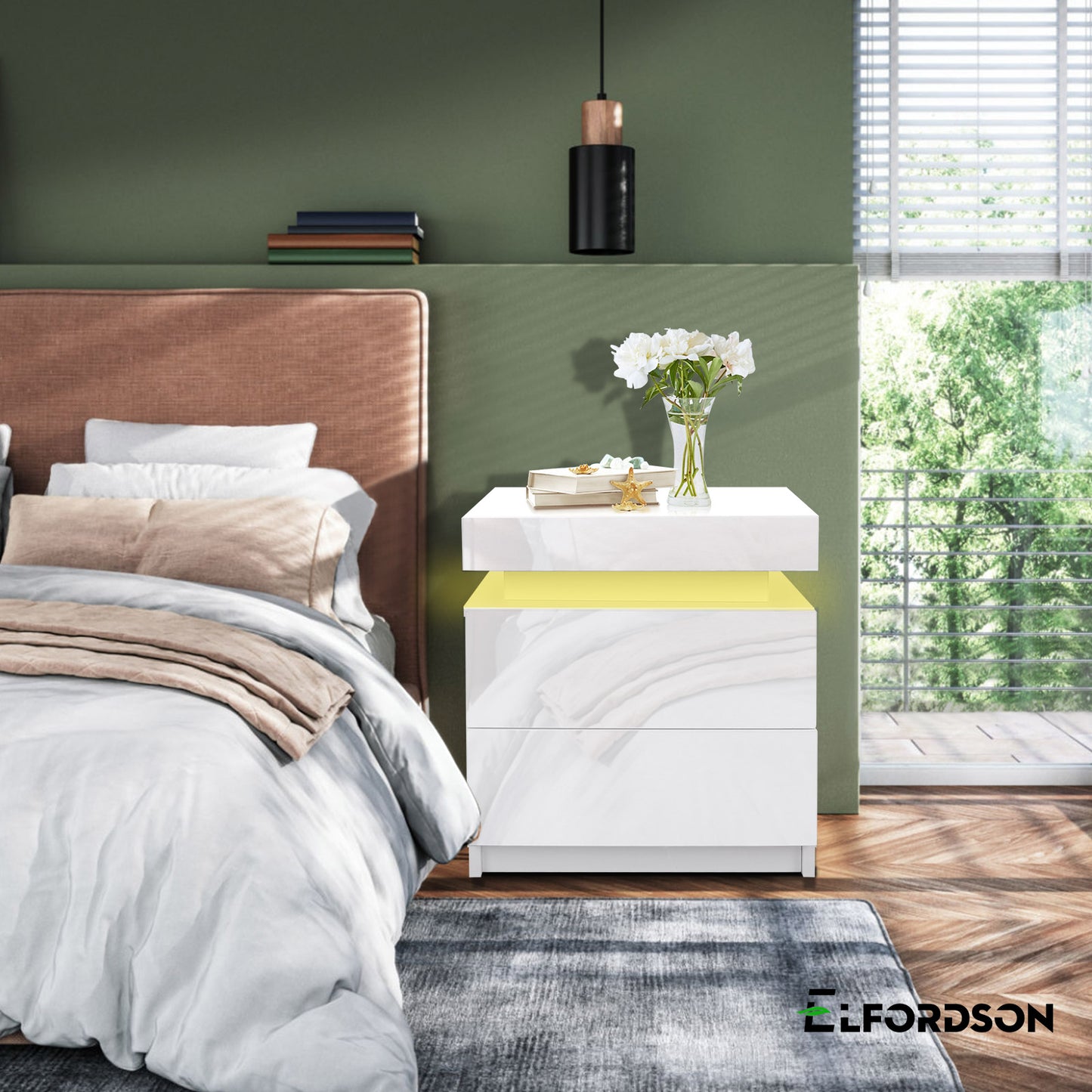 ELFORDSON Bedside Table 2 Drawer LED Storage Cabinet Chest High Gloss Nightstand