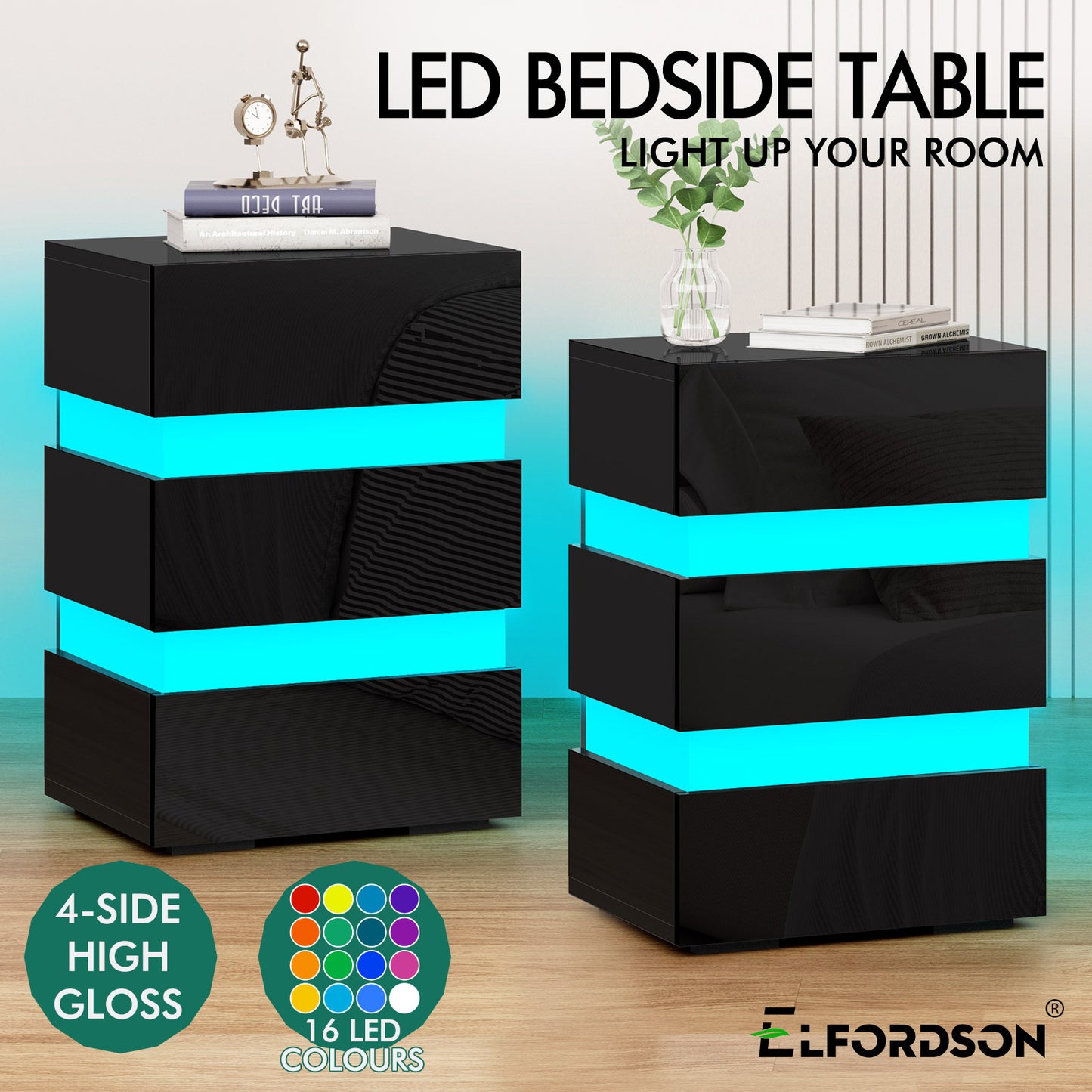 ELFORDSON Bedside Table 3 Drawer LED Nightstand Storage Cabinet High Gloss Black
