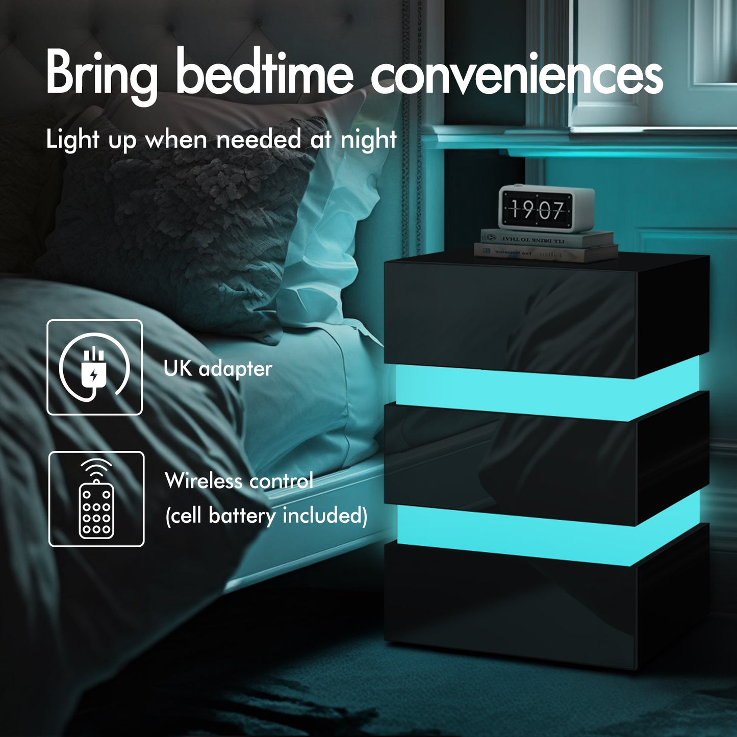 ELFORDSON Bedside Table 3 Drawer LED Nightstand Storage Cabinet High Gloss Black