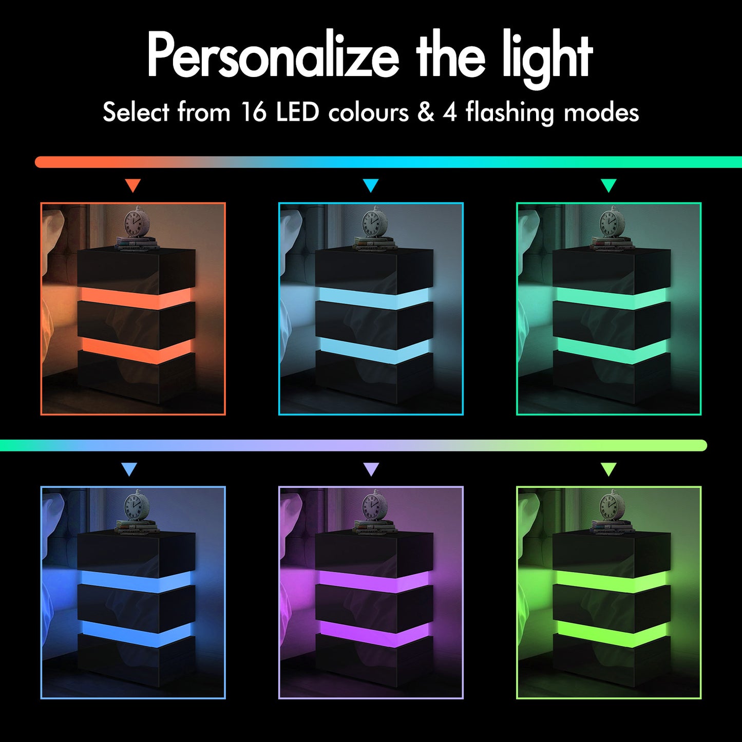 ELFORDSON Bedside Table 3 Drawer LED Nightstand Storage Cabinet High Gloss Black