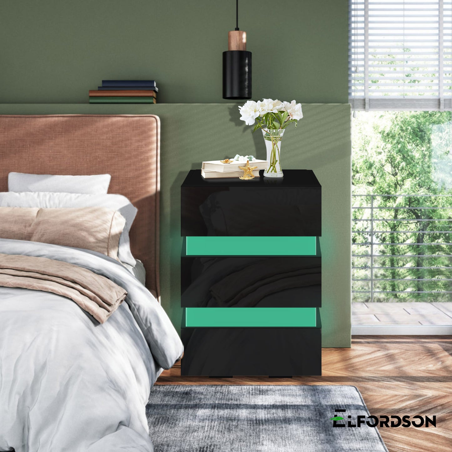 ELFORDSON Bedside Table 3 Drawer LED Nightstand Storage Cabinet High Gloss Black
