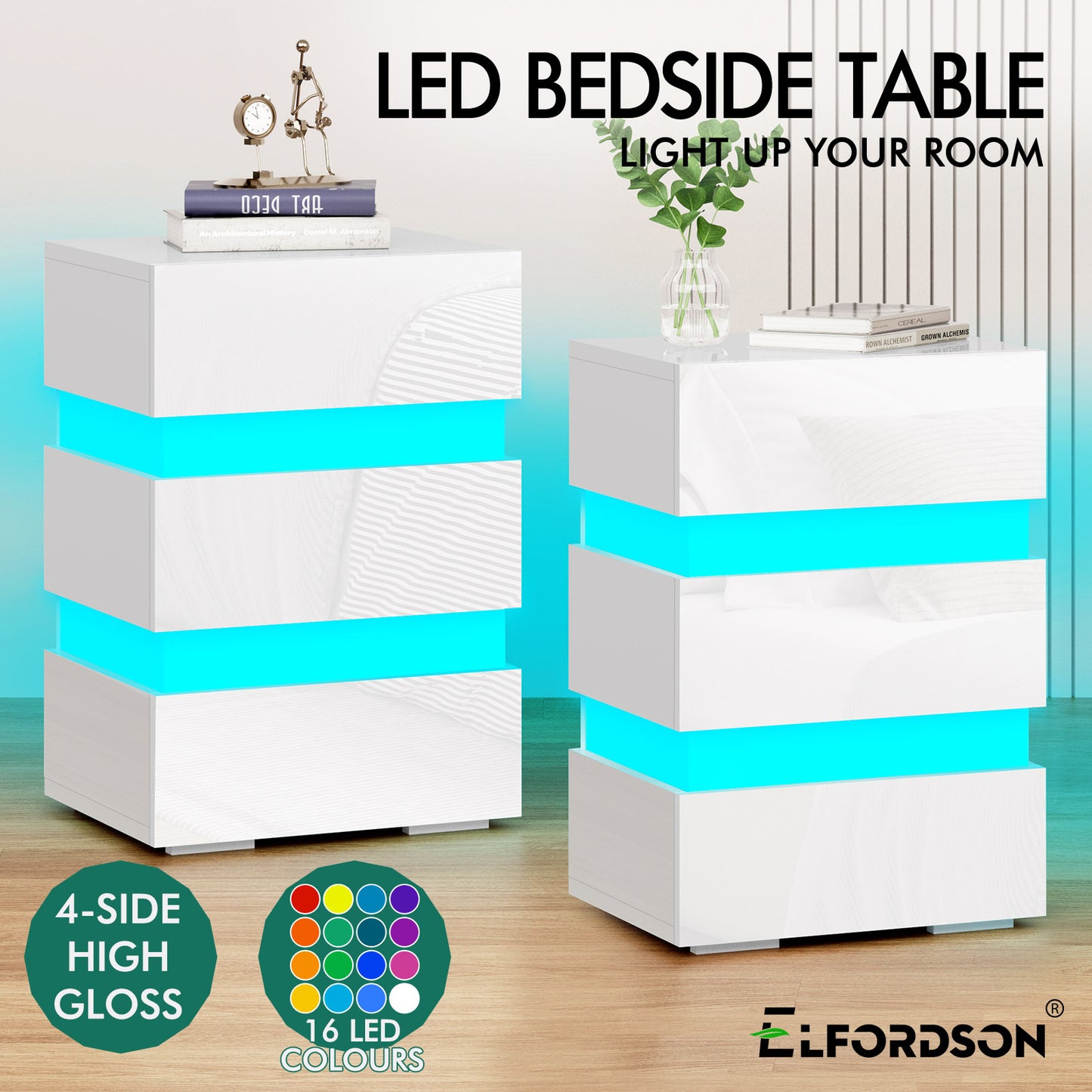 ELFORDSON Bedside Table 3 Drawer LED Nightstand Storage Cabinet High Gloss White