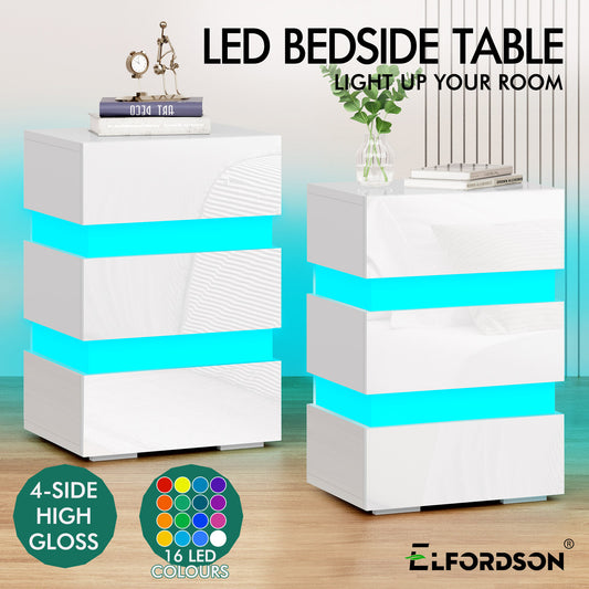 ELFORDSON Bedside Table 3 Drawer LED Nightstand Storage Cabinet High Gloss White