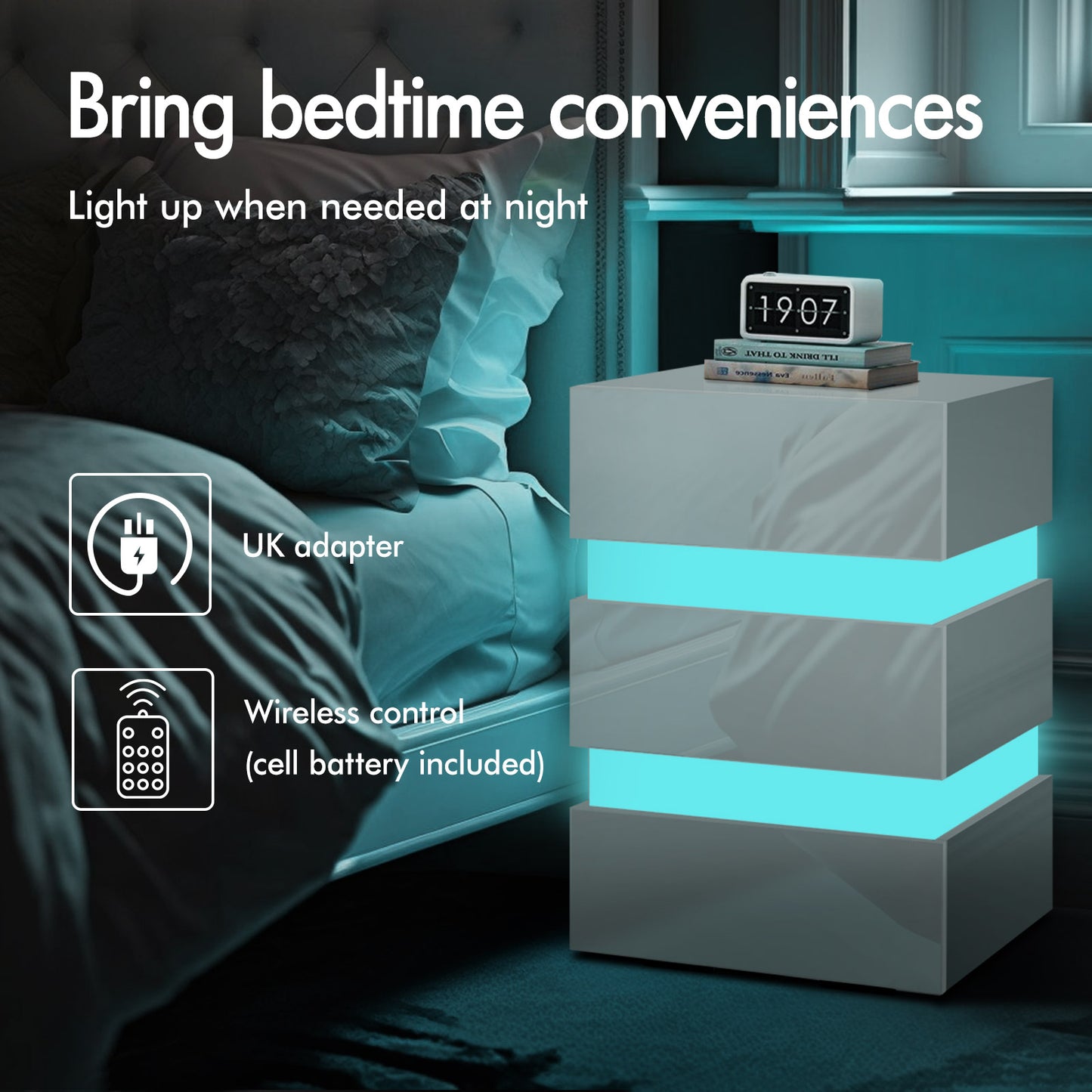 ELFORDSON Bedside Table 3 Drawer LED Nightstand Storage Cabinet High Gloss White