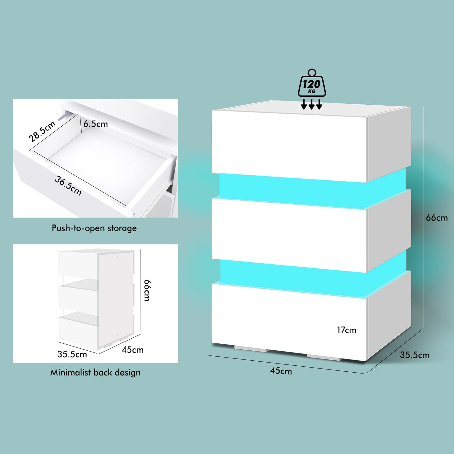 ELFORDSON Bedside Table 3 Drawer LED Nightstand Storage Cabinet High Gloss White