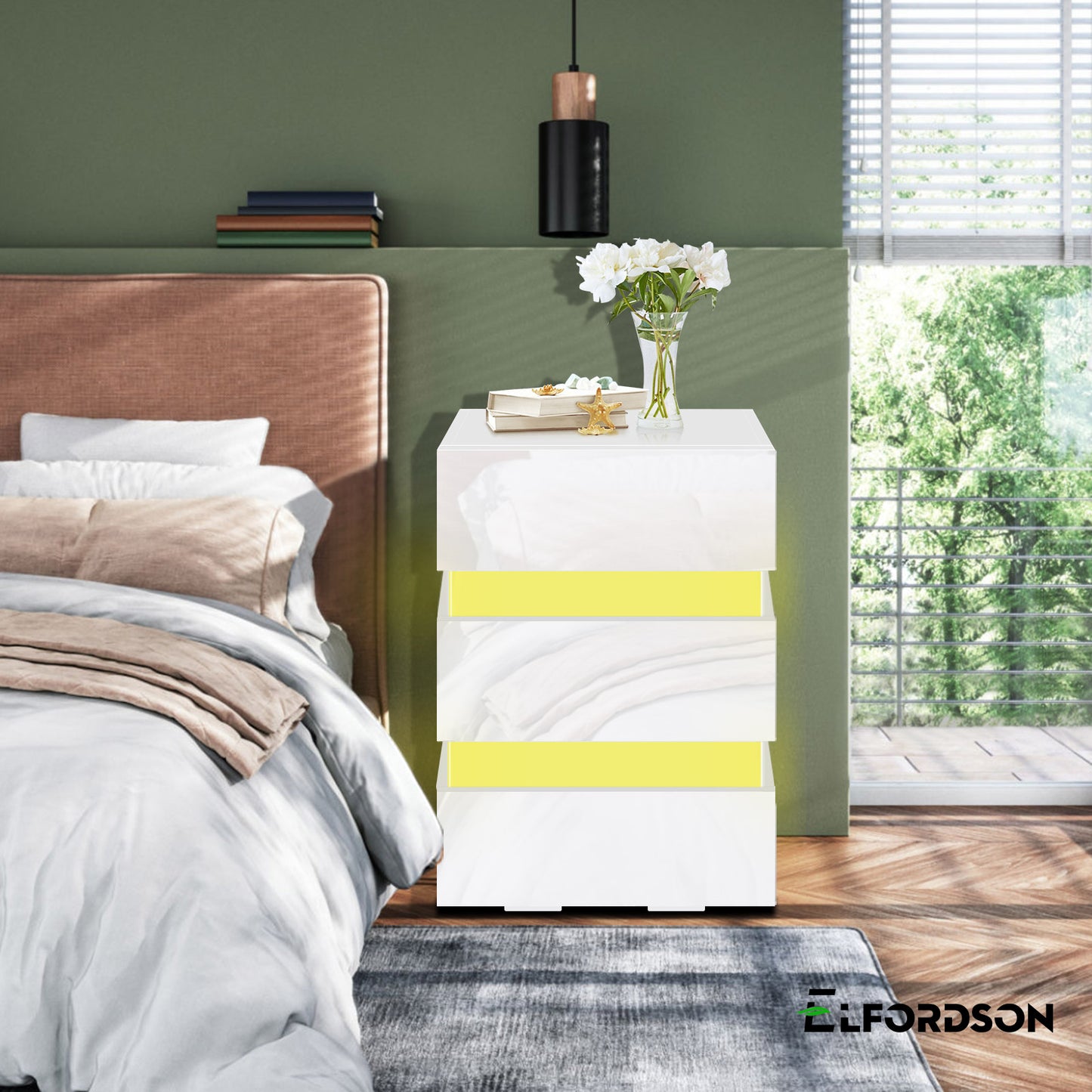 ELFORDSON Bedside Table 3 Drawer LED Nightstand Storage Cabinet High Gloss White
