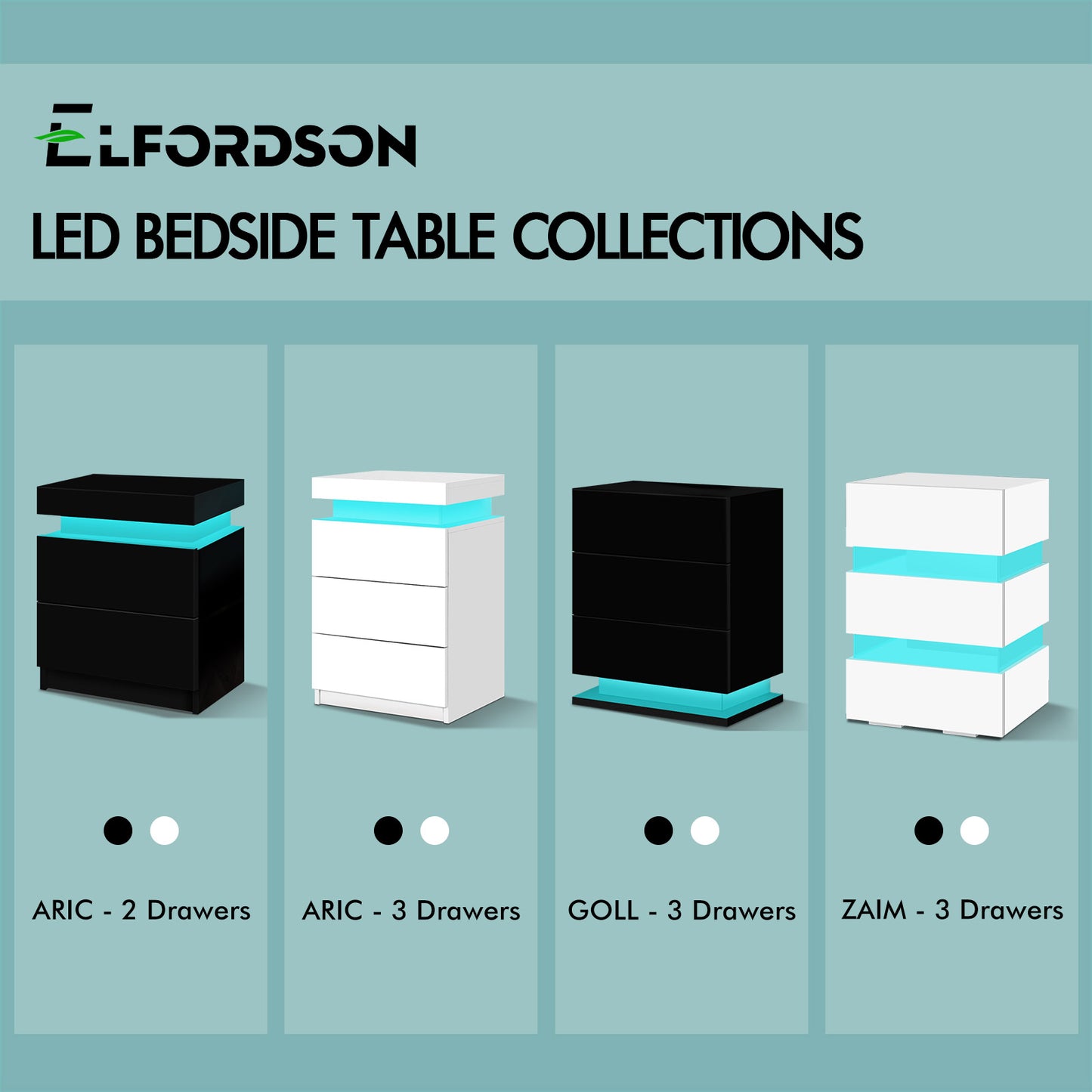 ELFORDSON Bedside Table 3 Drawer LED Nightstand Storage Cabinet High Gloss White