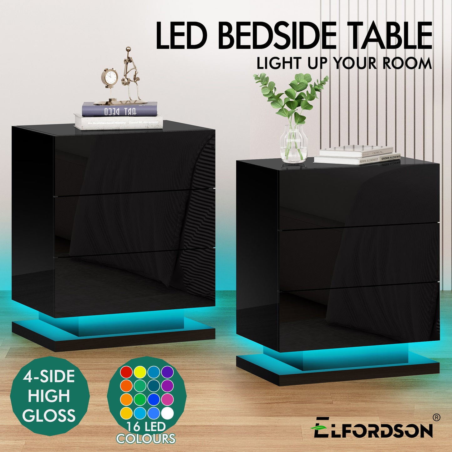 ELFORDSON Bedside Table 3 Drawer LED Nightstand Storage Cabinet High Gloss Black