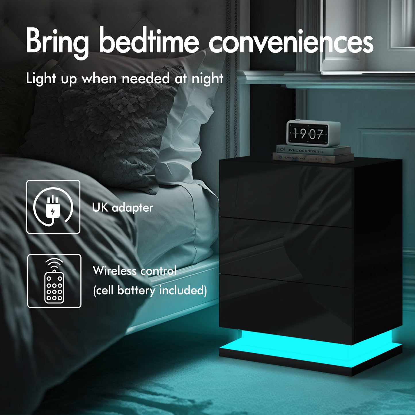 ELFORDSON Bedside Table 3 Drawer LED Nightstand Storage Cabinet High Gloss Black