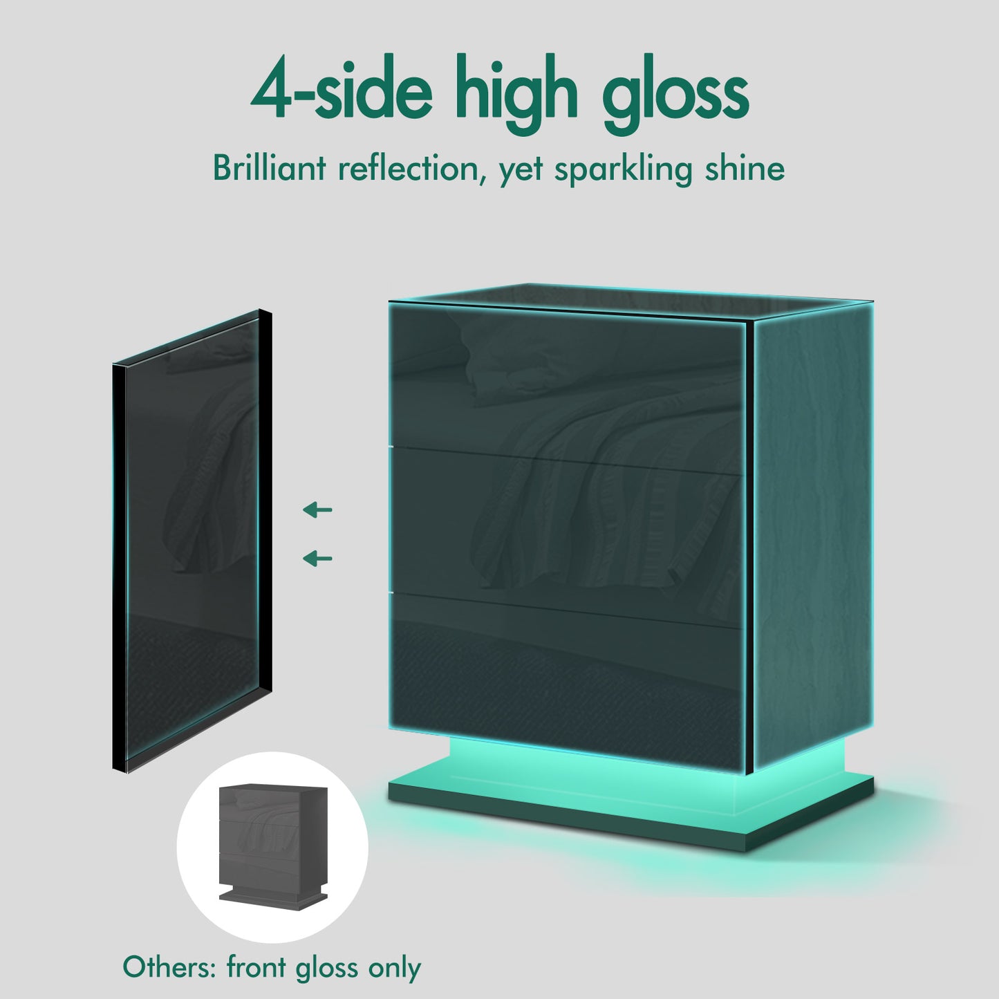ELFORDSON Bedside Table 3 Drawer LED Nightstand Storage Cabinet High Gloss Black