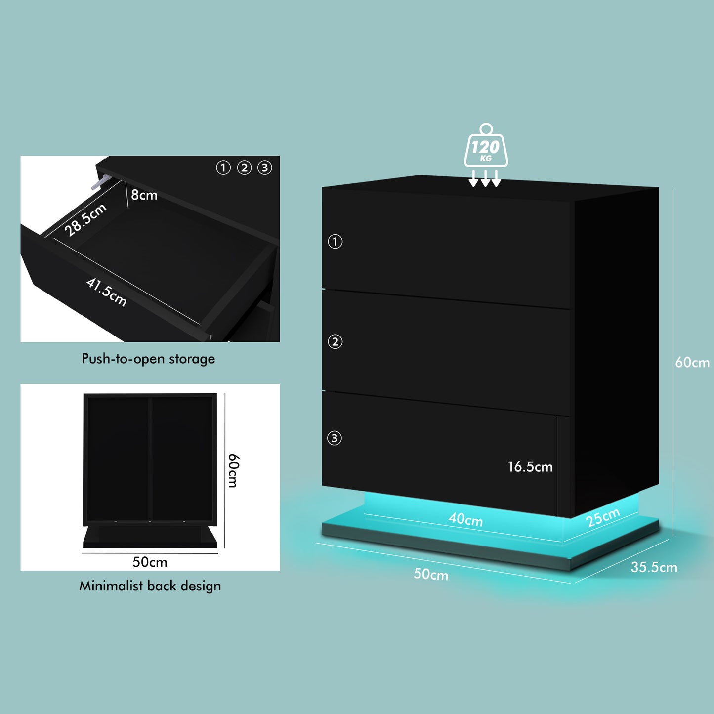 ELFORDSON Bedside Table 3 Drawer LED Nightstand Storage Cabinet High Gloss Black