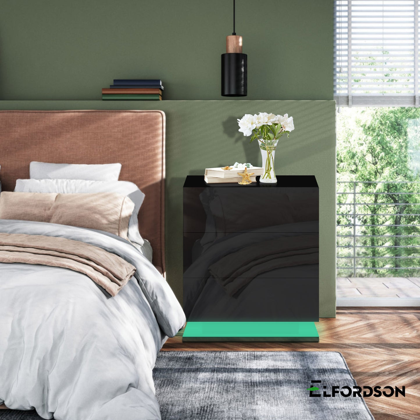 ELFORDSON Bedside Table 3 Drawer LED Nightstand Storage Cabinet High Gloss Black