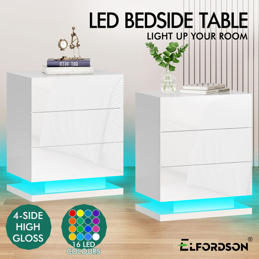 ELFORDSON Bedside Table 3 Drawer LED Nightstand Storage Cabinet High Gloss White