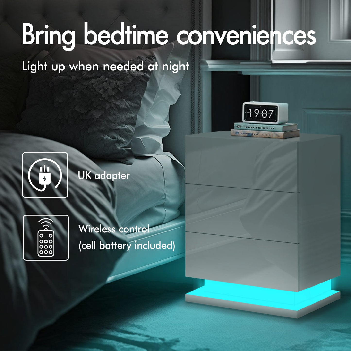 ELFORDSON Bedside Table 3 Drawer LED Nightstand Storage Cabinet High Gloss White
