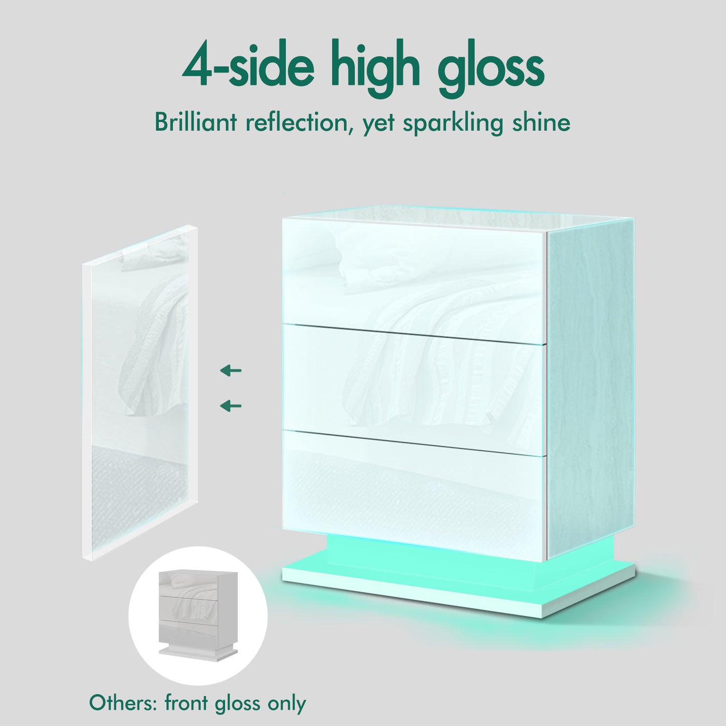 ELFORDSON Bedside Table 3 Drawer LED Nightstand Storage Cabinet High Gloss White