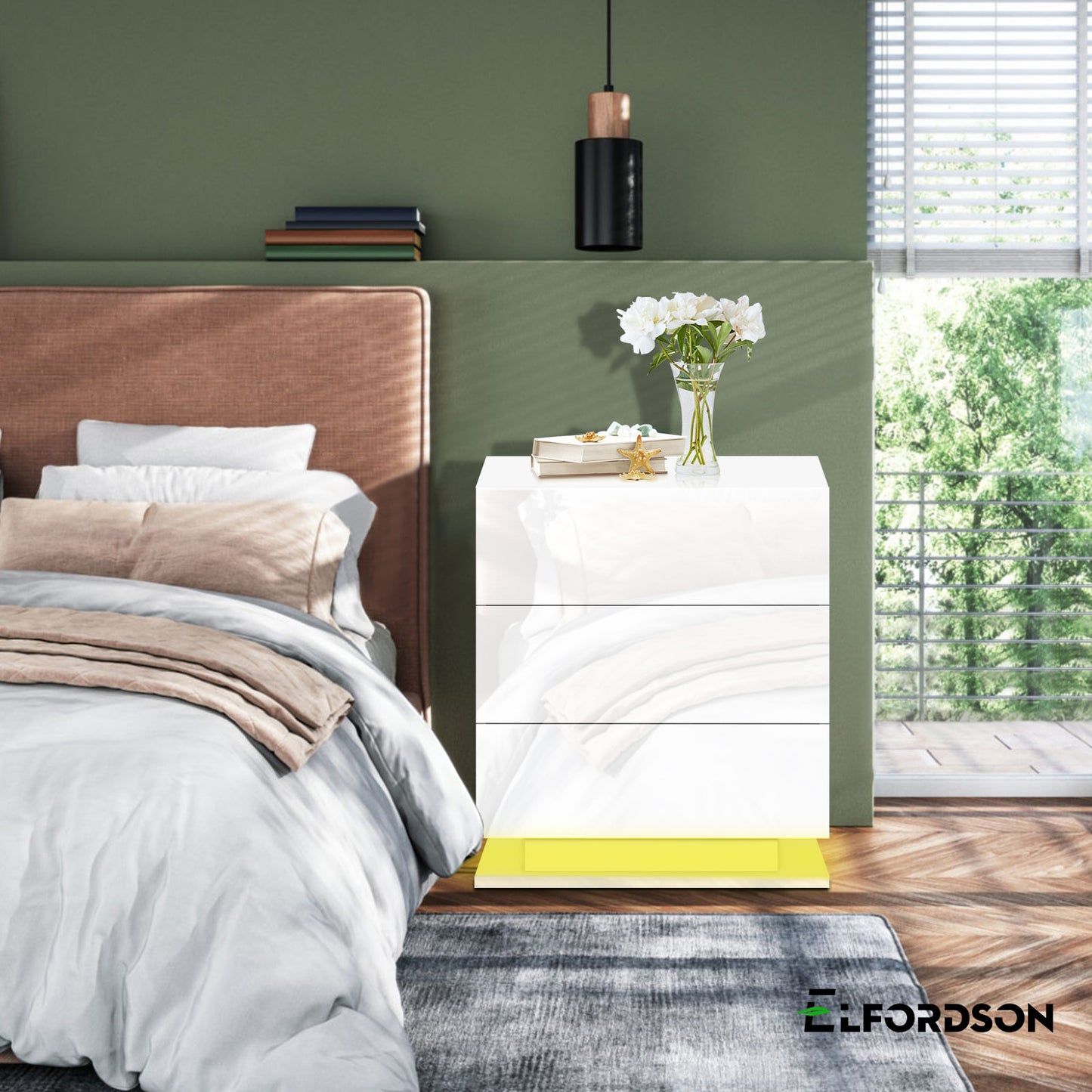 ELFORDSON Bedside Table 3 Drawer LED Nightstand Storage Cabinet High Gloss White
