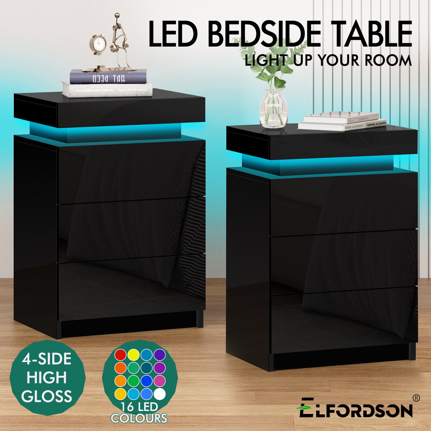 ELFORDSON Bedside Table 3 Drawer LED Storage Cabinet Chest High Gloss Nightstand