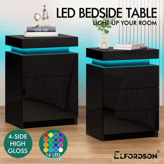 ELFORDSON Bedside Table 3 Drawer LED Storage Cabinet Chest High Gloss Nightstand