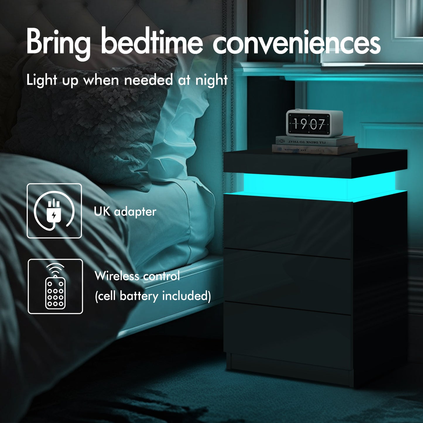 ELFORDSON Bedside Table 3 Drawer LED Storage Cabinet Chest High Gloss Nightstand