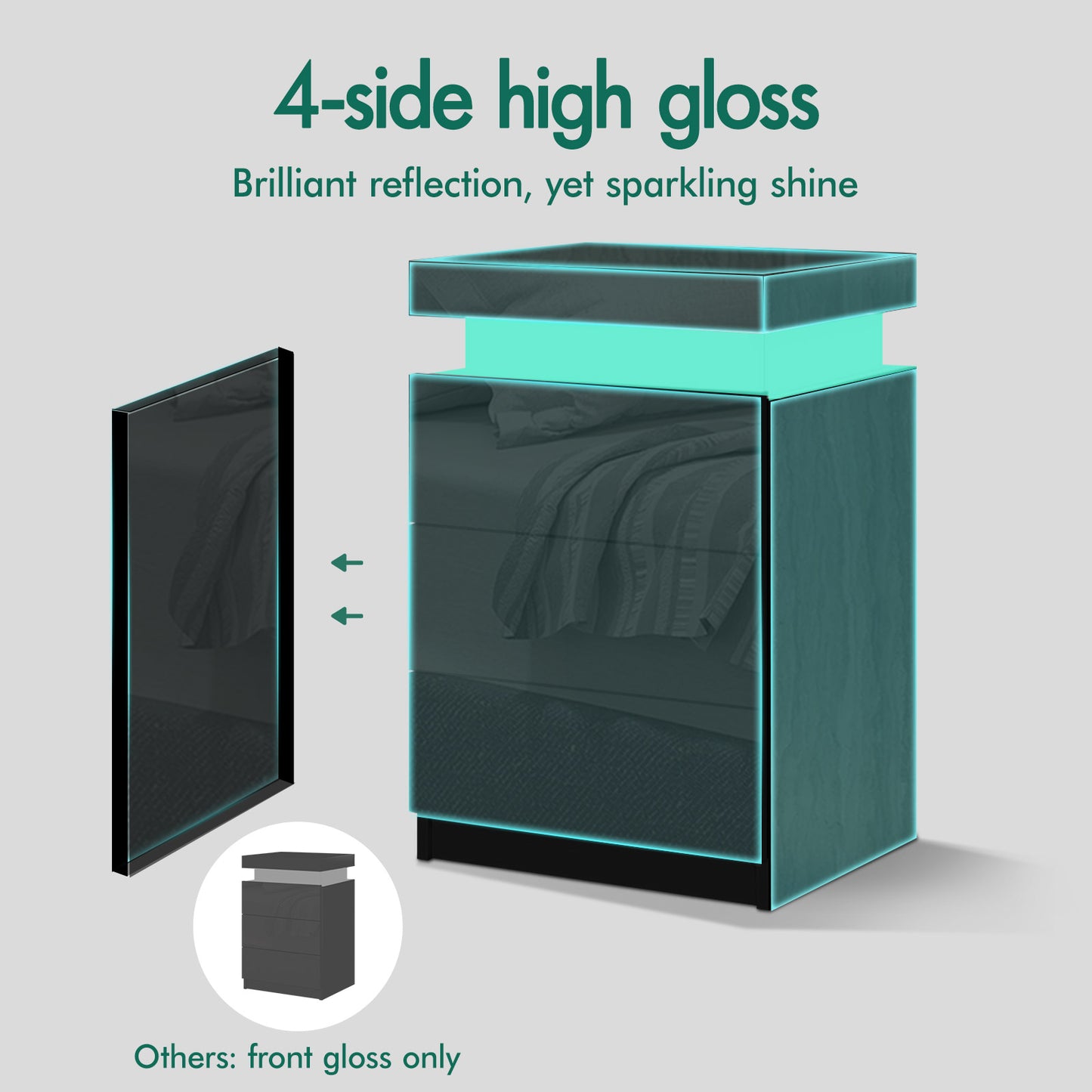 ELFORDSON Bedside Table 3 Drawer LED Storage Cabinet Chest High Gloss Nightstand