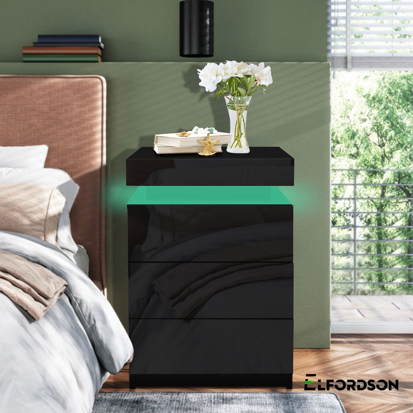 ELFORDSON Bedside Table 3 Drawer LED Storage Cabinet Chest High Gloss Nightstand