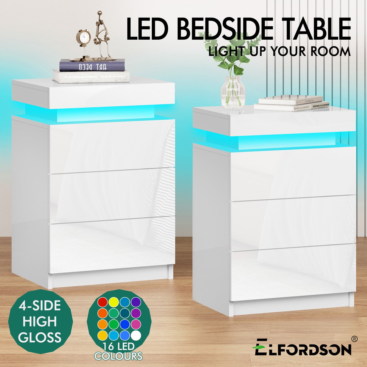 ELFORDSON Bedside Table 3 Drawer LED Storage Cabinet Chest High Gloss Nightstand
