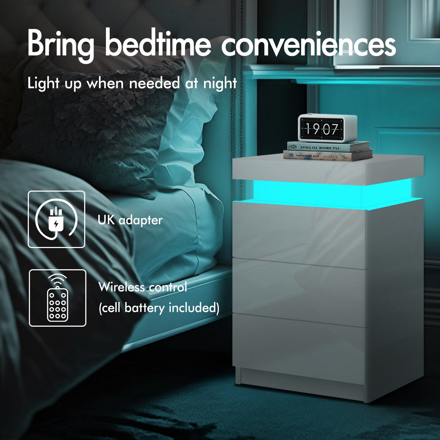 ELFORDSON Bedside Table 3 Drawer LED Storage Cabinet Chest High Gloss Nightstand
