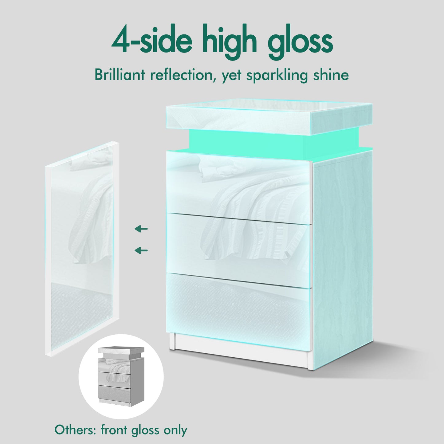 ELFORDSON Bedside Table 3 Drawer LED Storage Cabinet Chest High Gloss Nightstand
