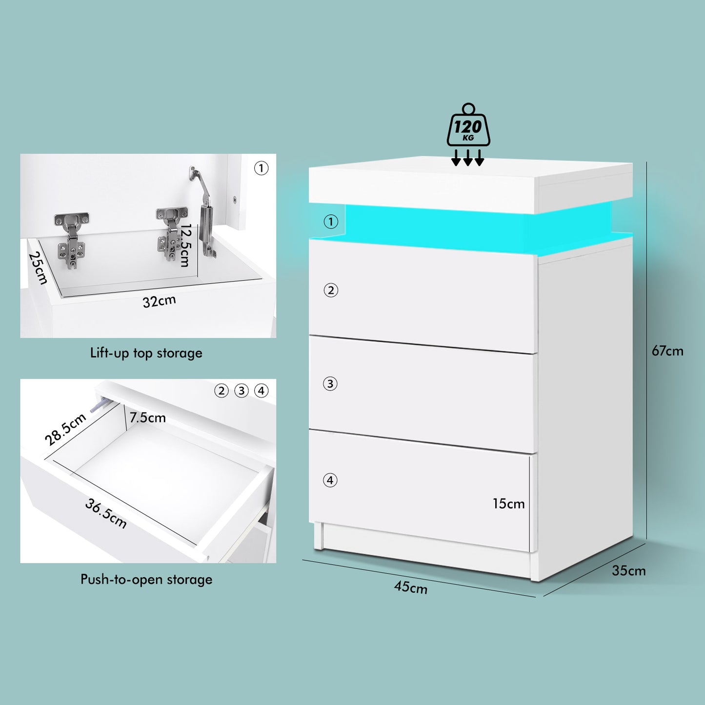 ELFORDSON Bedside Table 3 Drawer LED Storage Cabinet Chest High Gloss Nightstand