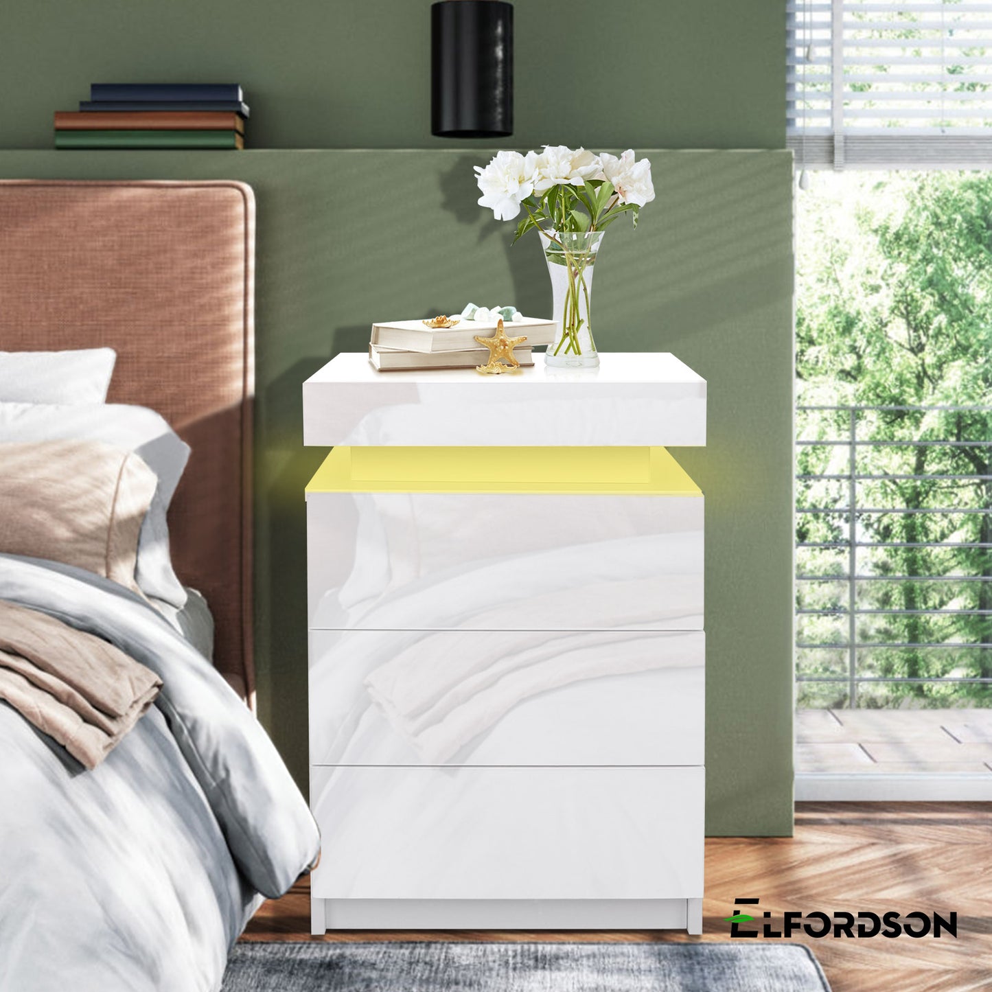 ELFORDSON Bedside Table 3 Drawer LED Storage Cabinet Chest High Gloss Nightstand