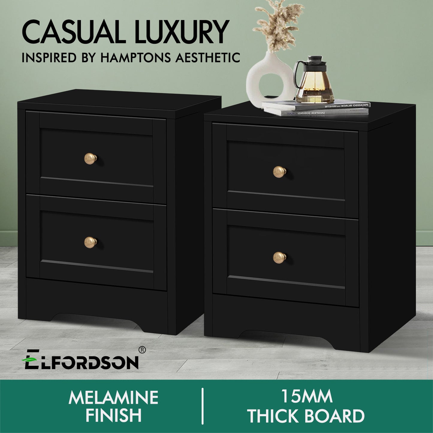 ELFORDSON Bedside Table 2 Drawers Wooden Storage Cabinet Chest Shelf Nightstand