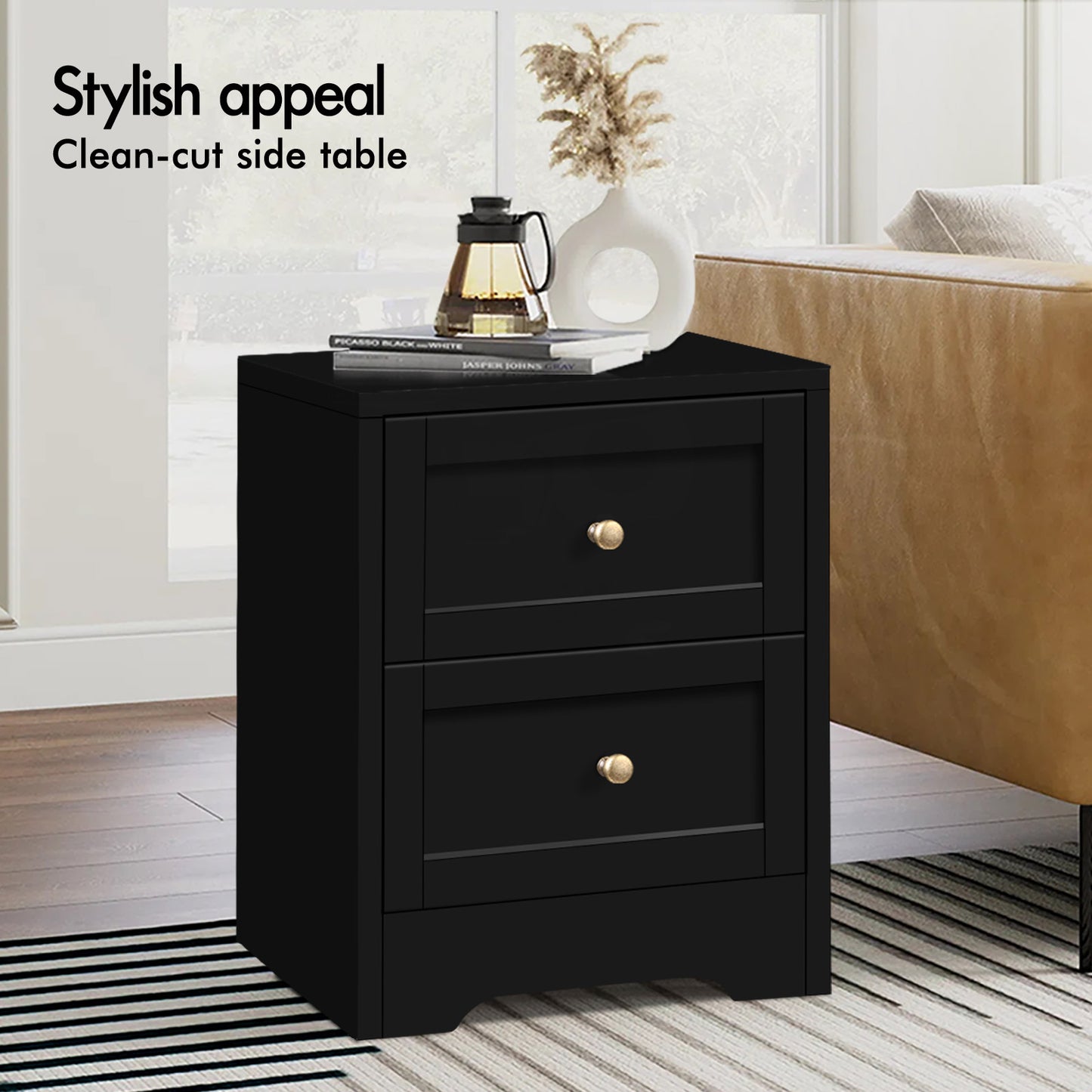 ELFORDSON Bedside Table 2 Drawers Wooden Storage Cabinet Chest Shelf Nightstand