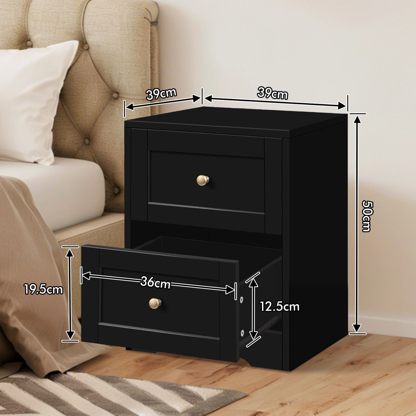 ELFORDSON Bedside Table 2 Drawers Wooden Storage Cabinet Chest Shelf Nightstand