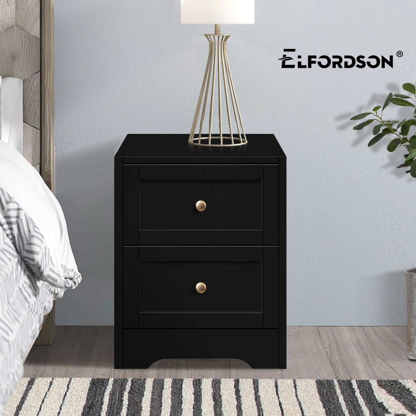 ELFORDSON Bedside Table 2 Drawers Wooden Storage Cabinet Chest Shelf Nightstand