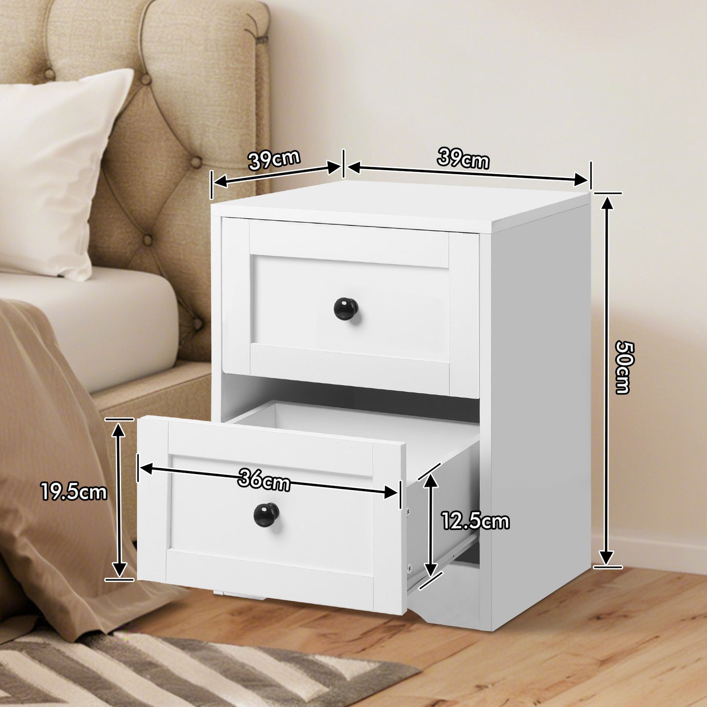 ELFORDSON Bedside Table 2 Drawers Wooden Storage Cabinet Chest Shelf Nightstand