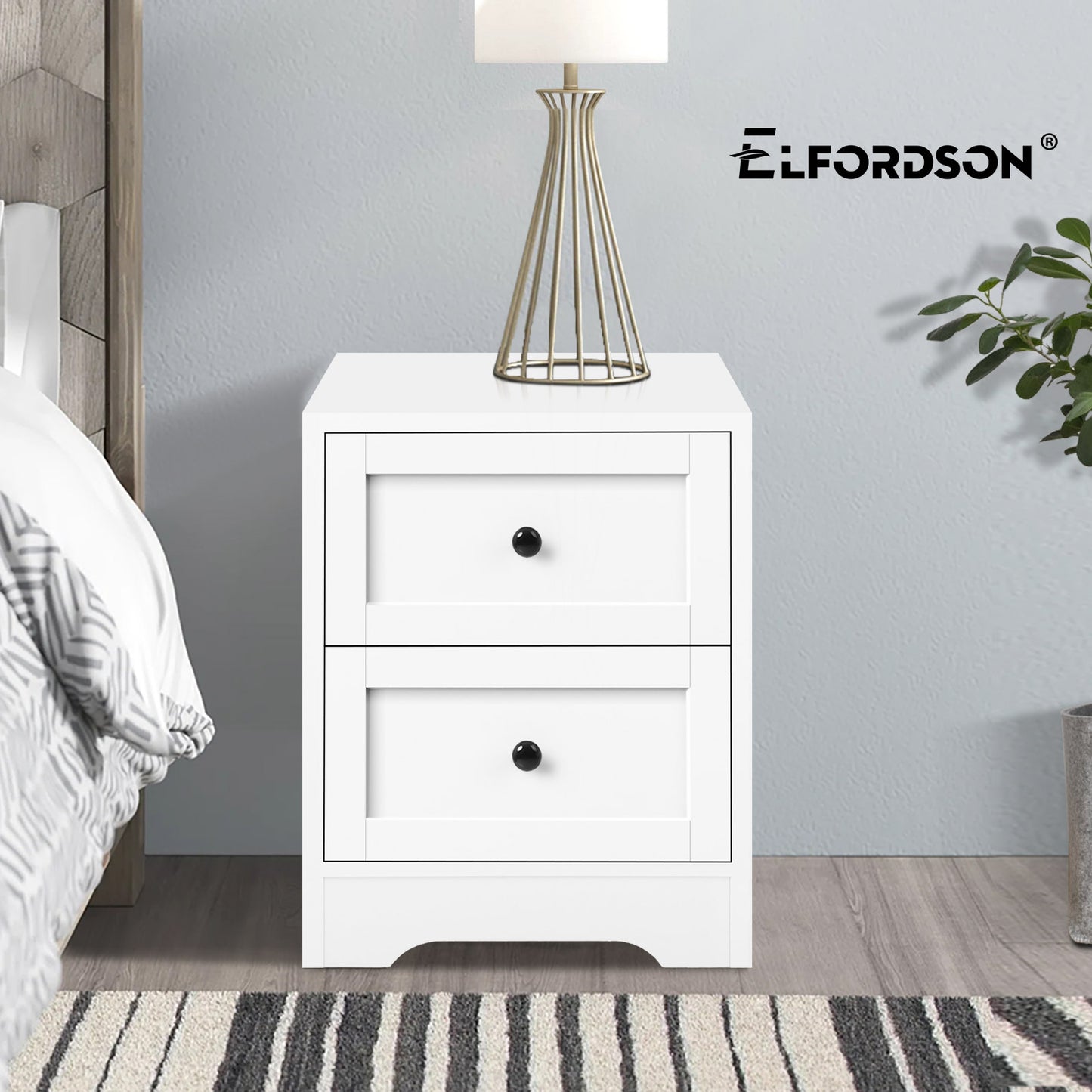 ELFORDSON Bedside Table 2 Drawers Wooden Storage Cabinet Chest Shelf Nightstand