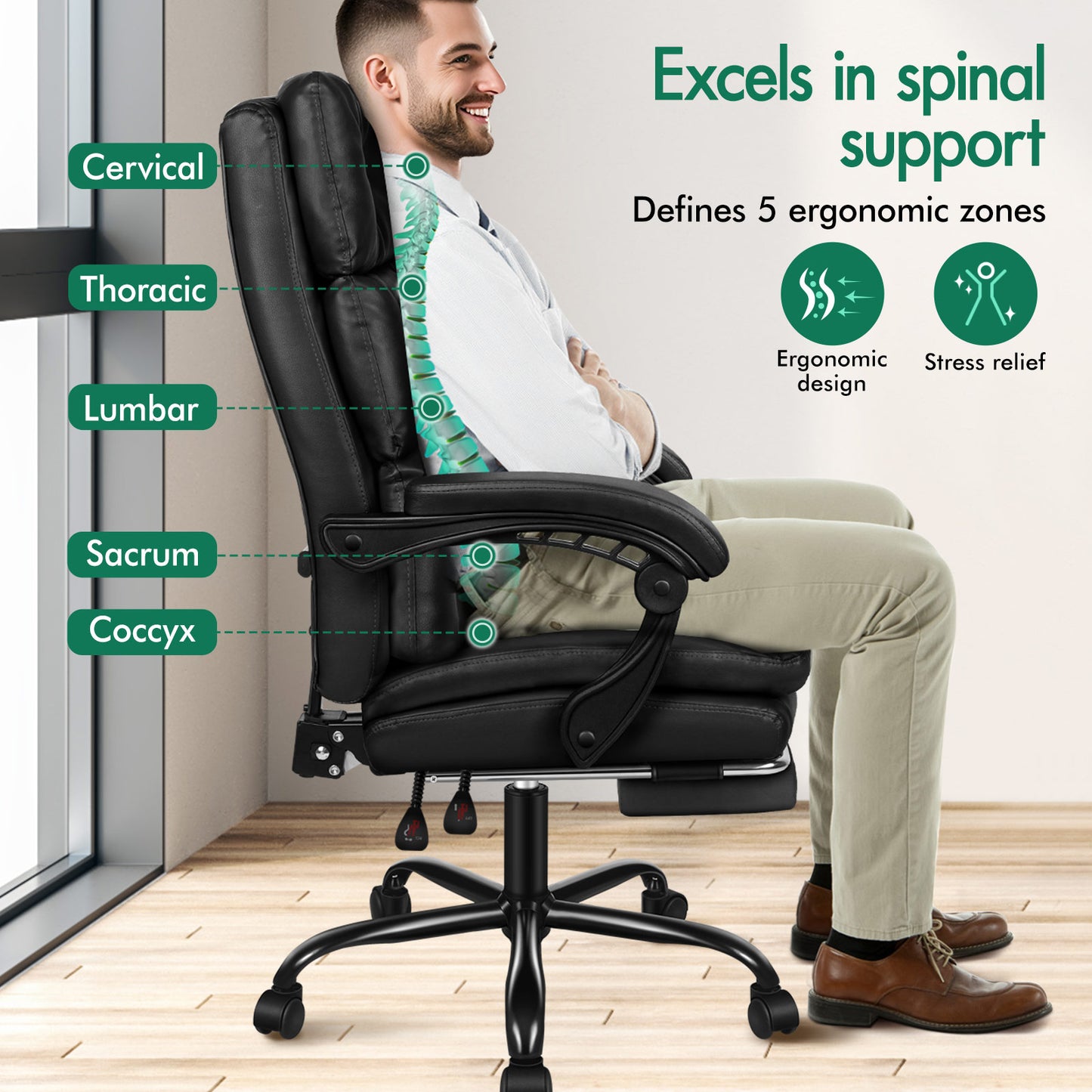 ELFORDSON Office Chair Executive Computer PU Leather Seat Work Recliner Gaming PU Leather Black