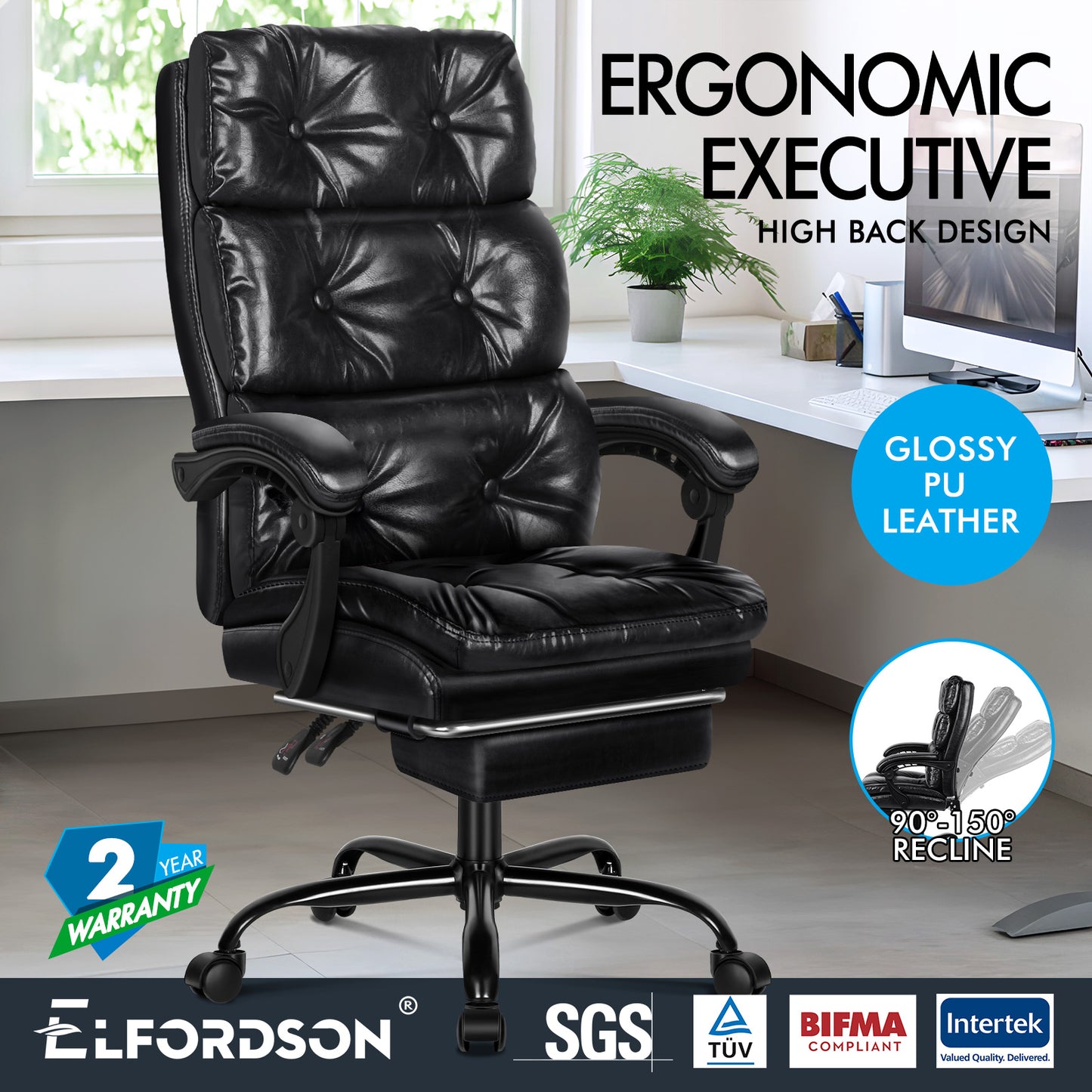 ELFORDSON Office Chair Executive Computer PU Leather Seat Work Recliner Gaming