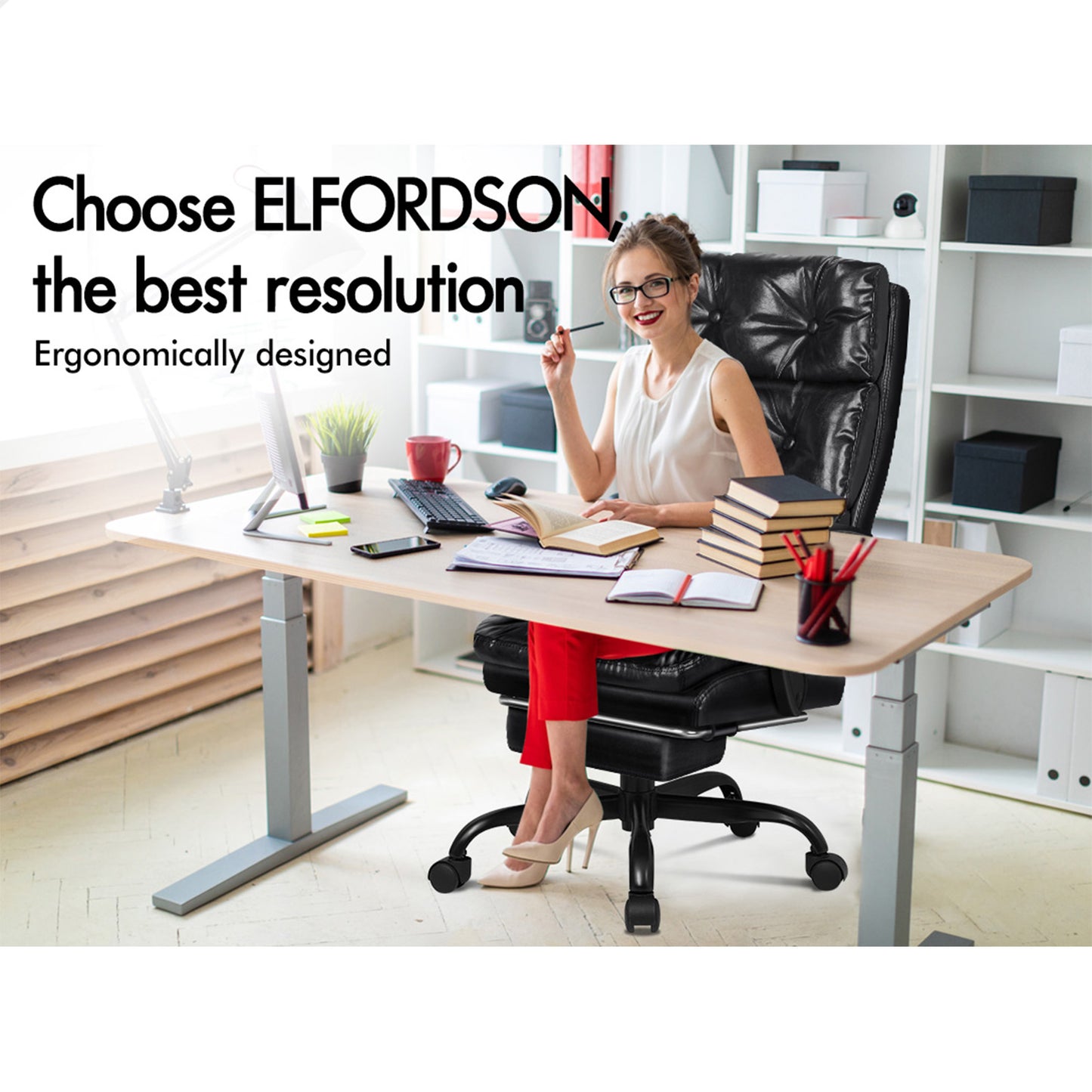 ELFORDSON Office Chair Executive Computer PU Leather Seat Work Recliner Gaming