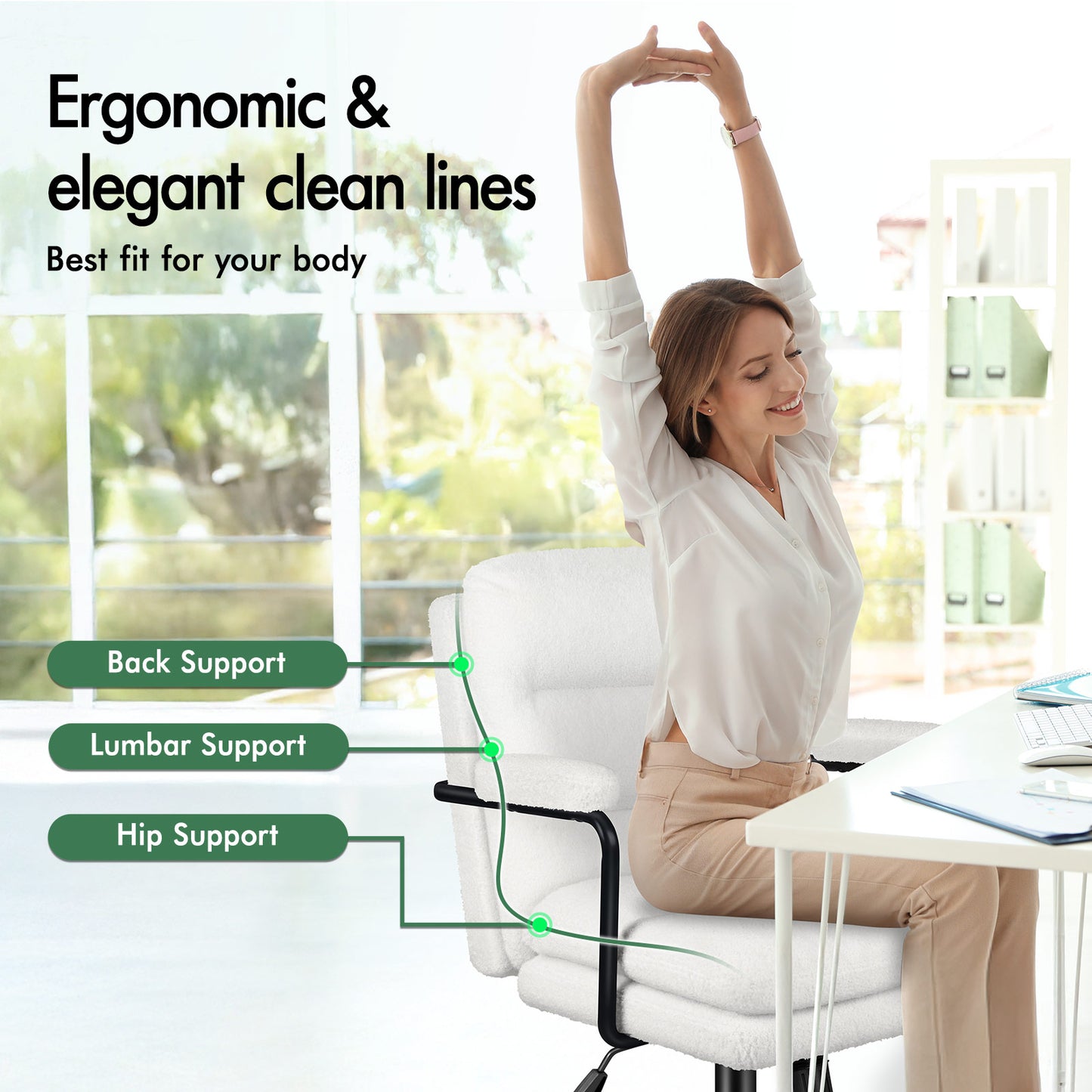 ELFORDSON Office Chair Ergonomic Executive Computer Work Seat Boucle White