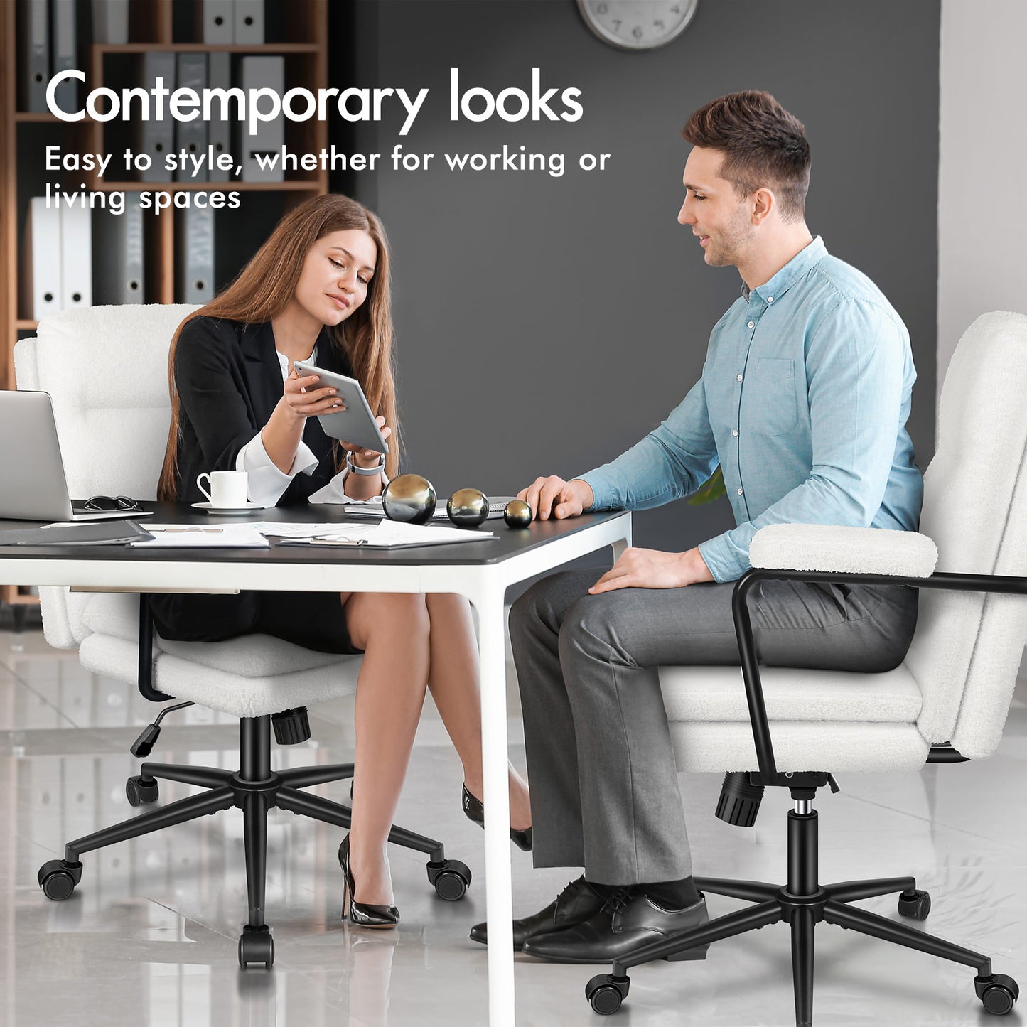 ELFORDSON Office Chair Ergonomic Executive Computer Work Seat Boucle White