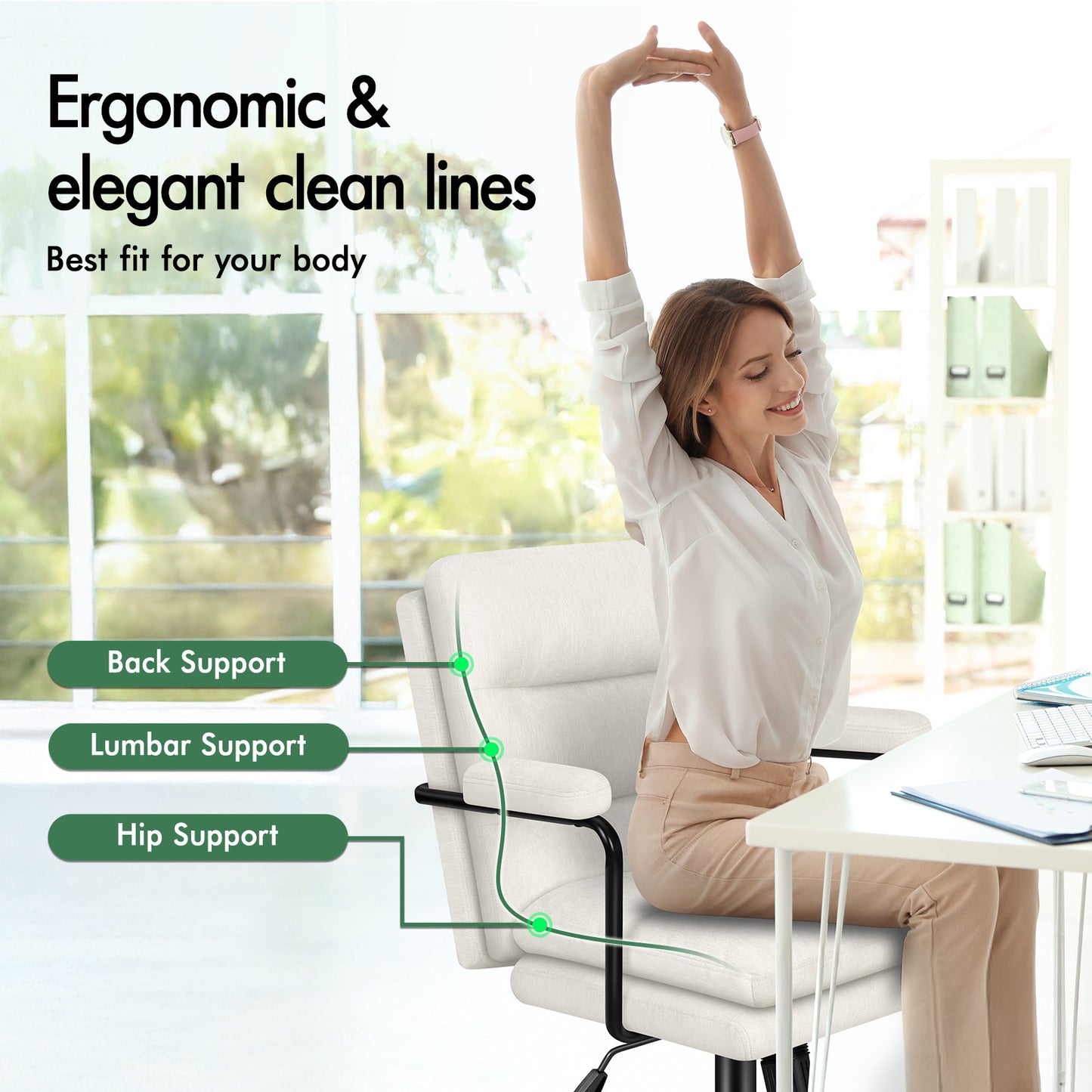 ELFORDSON Office Chair Ergonomic Executive Computer Work Seat Chenille Beige