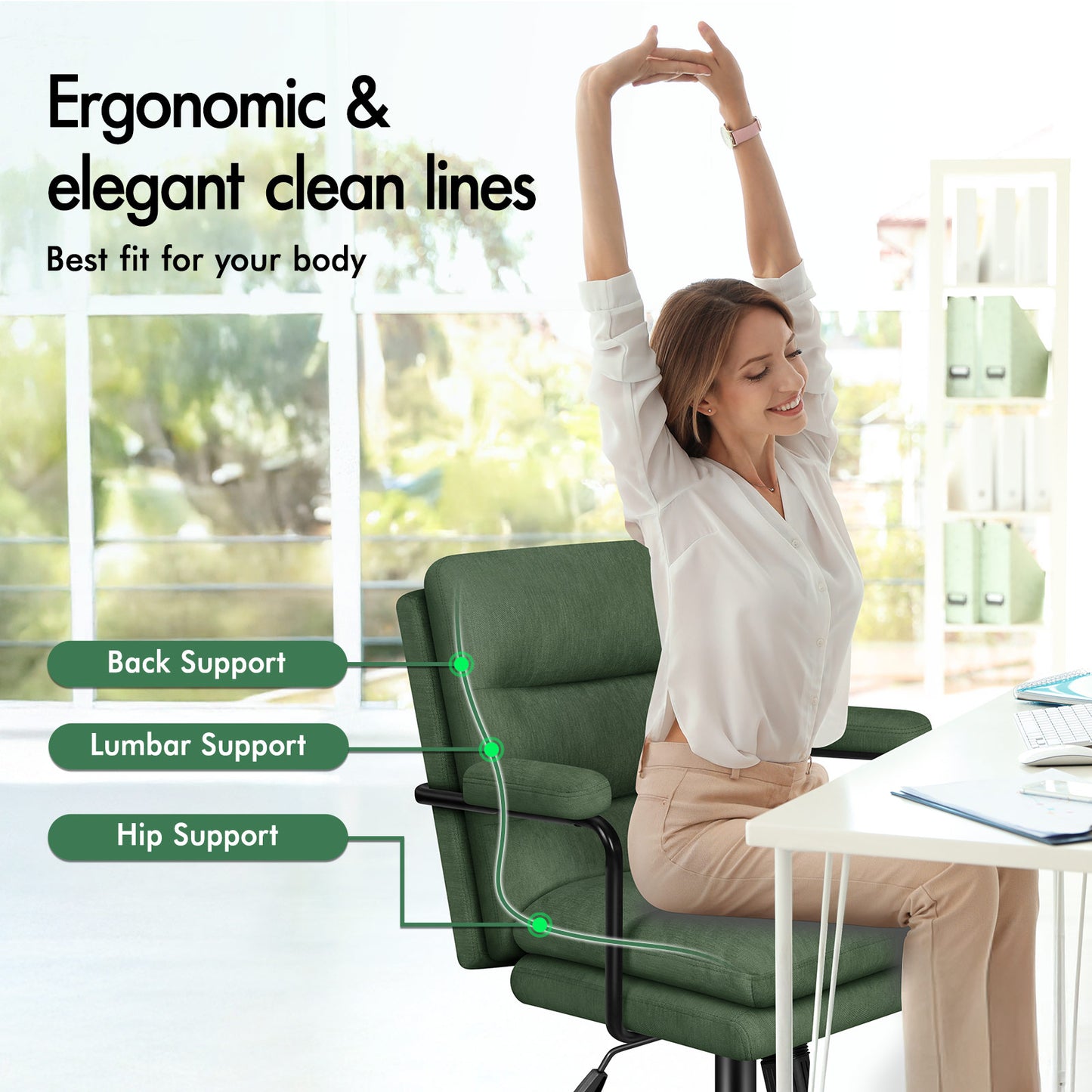 ELFORDSON Office Chair Ergonomic Executive Computer Work Seat Chenille Green