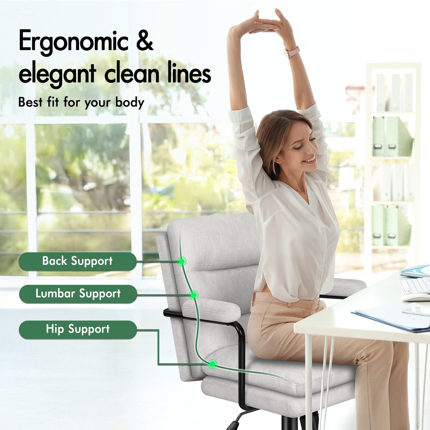 ELFORDSON Office Chair Ergonomic Executive Computer Work Seat Chenille Grey