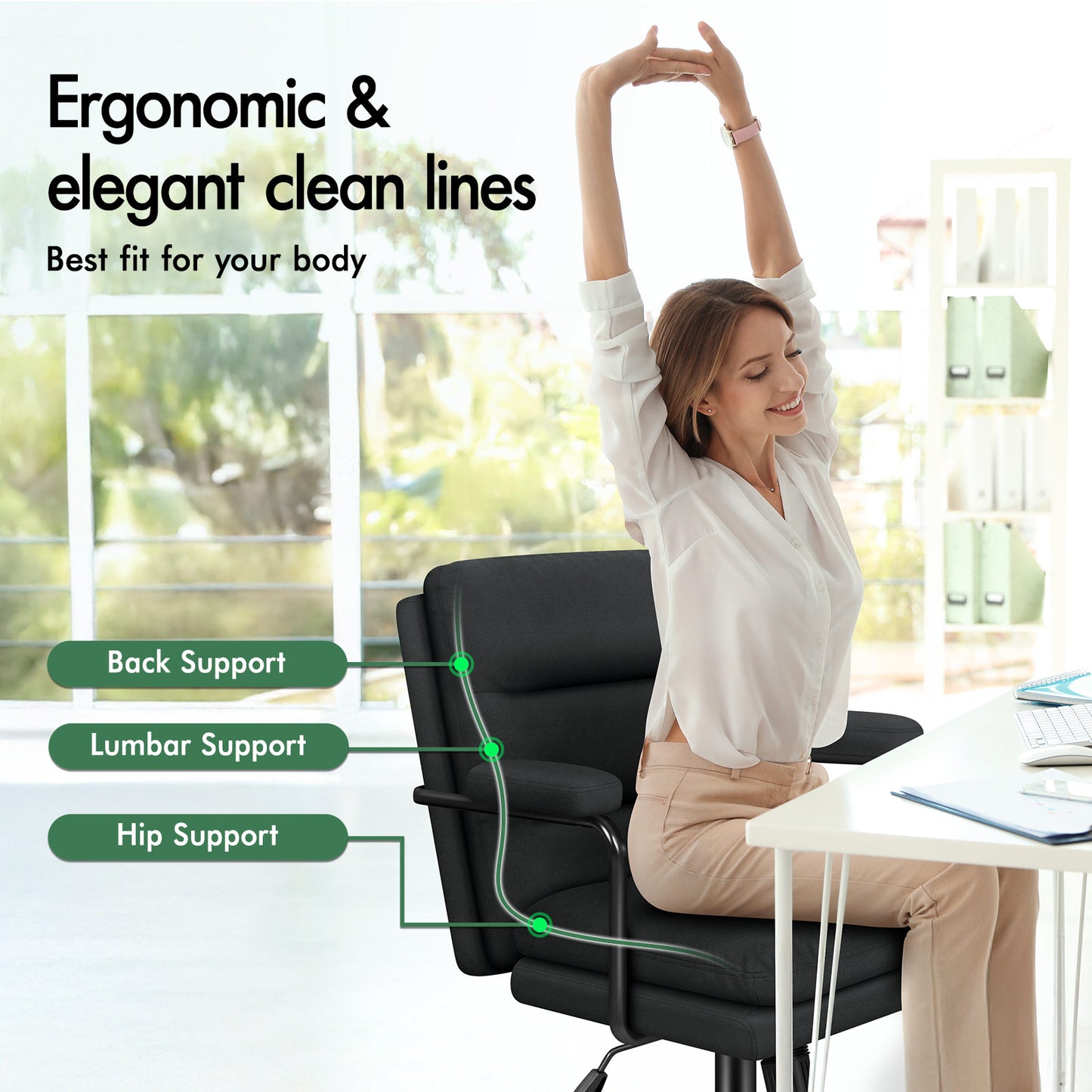 ELFORDSON Office Chair Ergonomic Executive Computer Work Seat Fabric Black