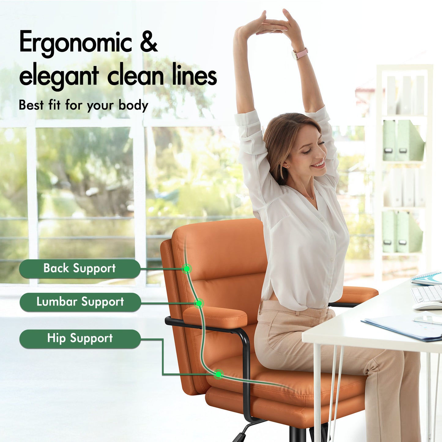 ELFORDSON Office Chair Ergonomic Executive Computer Work Seat Leather Brown