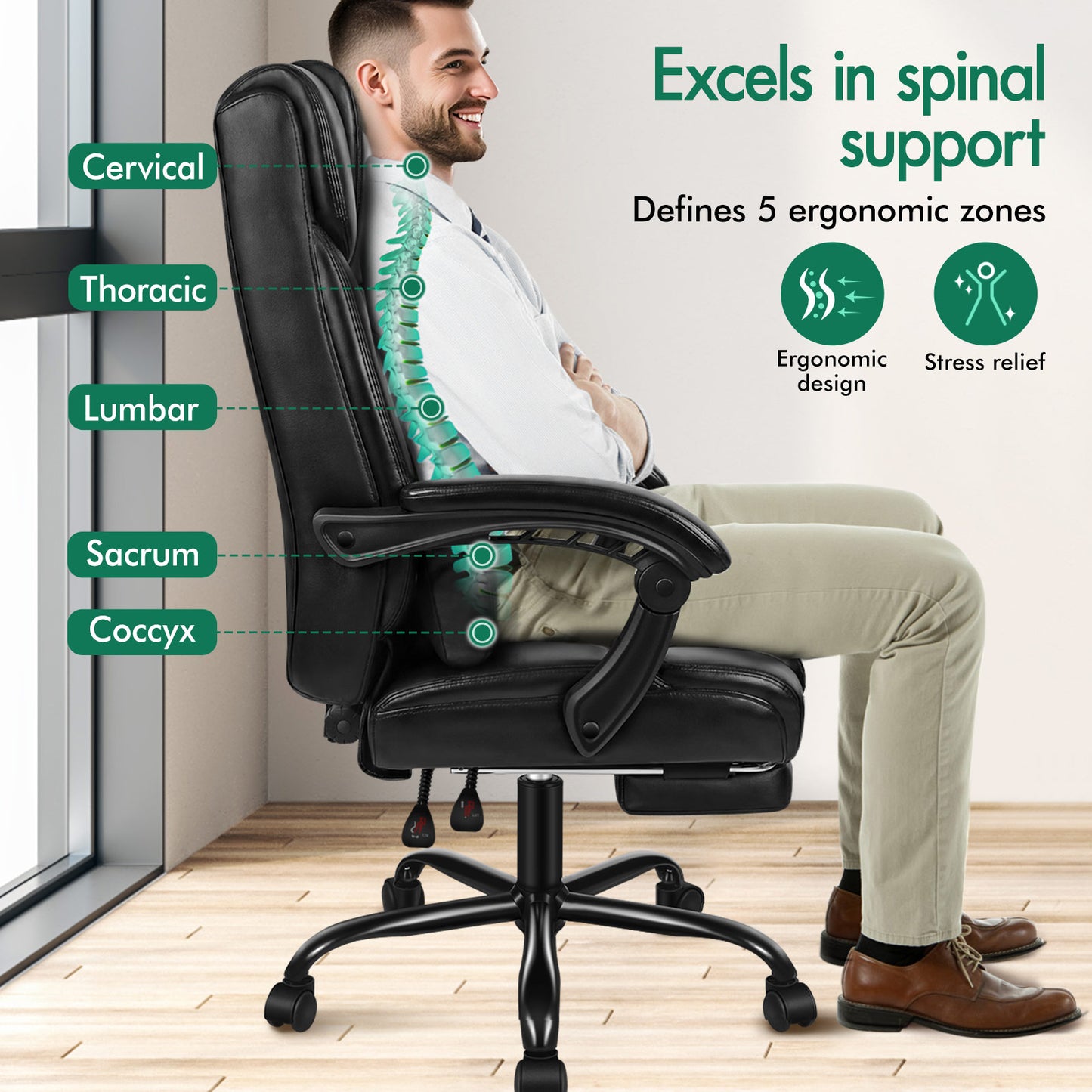 ELFORDSON Office Chair Executive Computer Gaming PU Leather Seat Recliner PU Leather Black